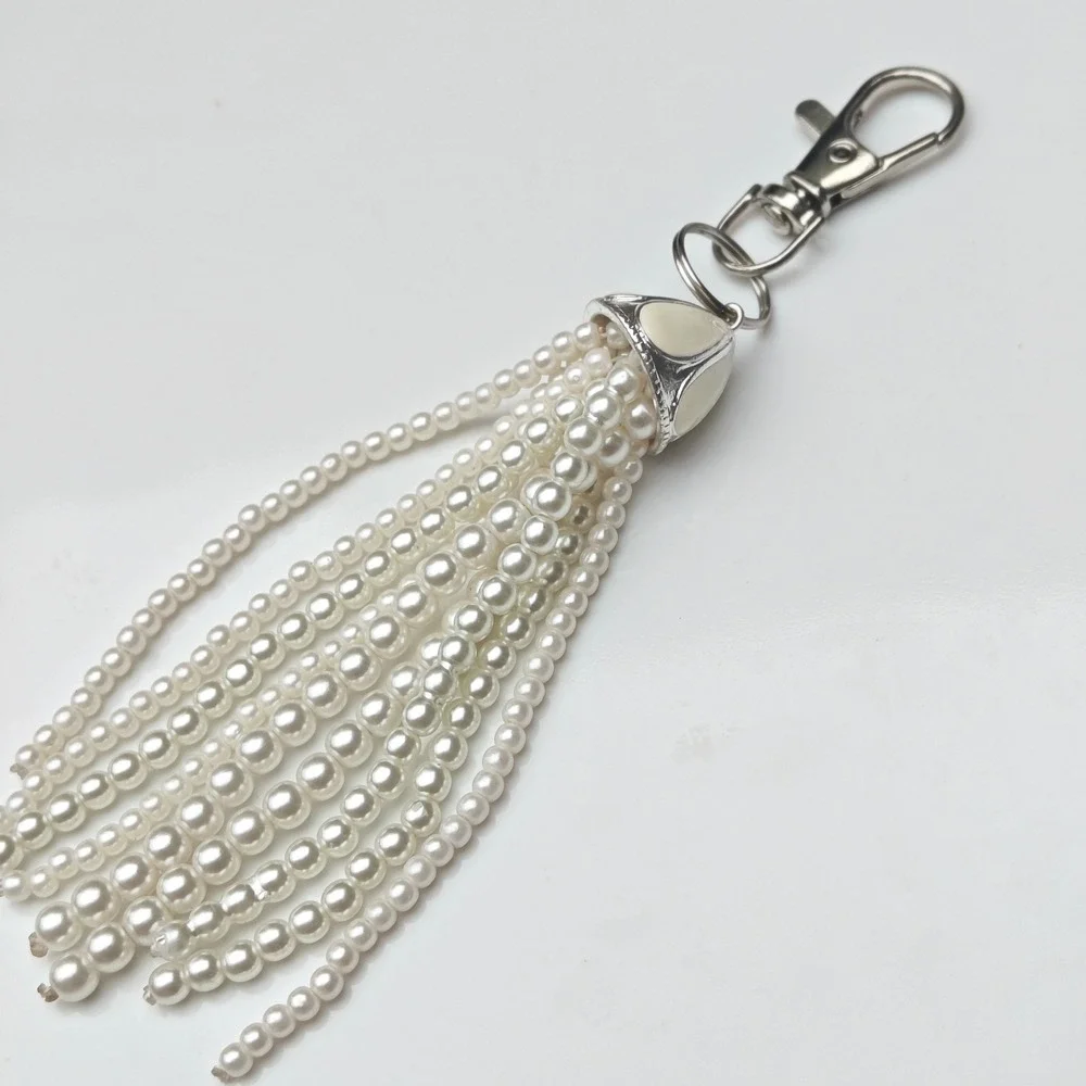 Cream Faux Pearl Multi Strand Tassel Keychain Bag Charm Silver Tone Clasp 5in
